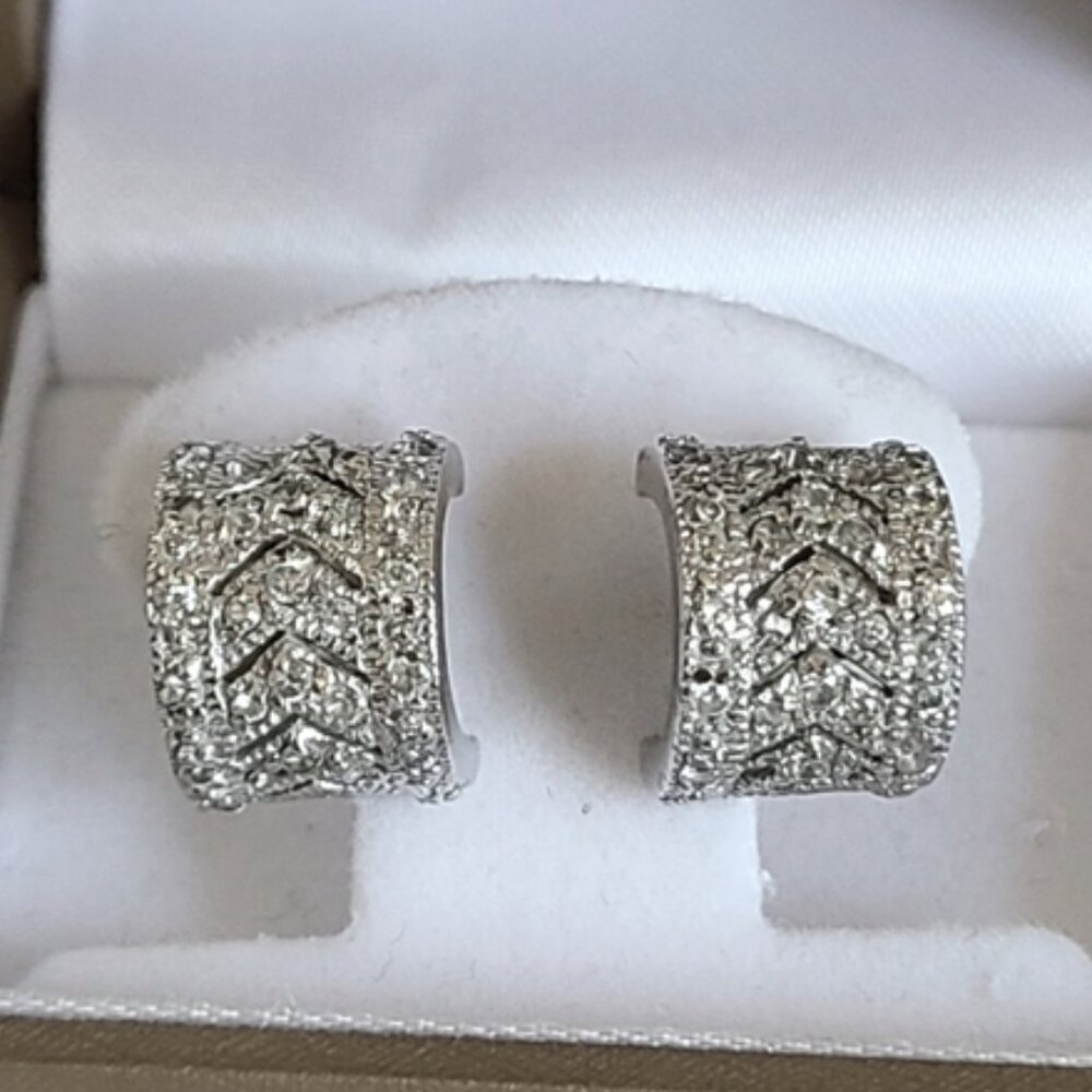 Vintage Sterling Silver Crystal Rhinestone Open Cuff Huggie Chunky Hoop Earrings